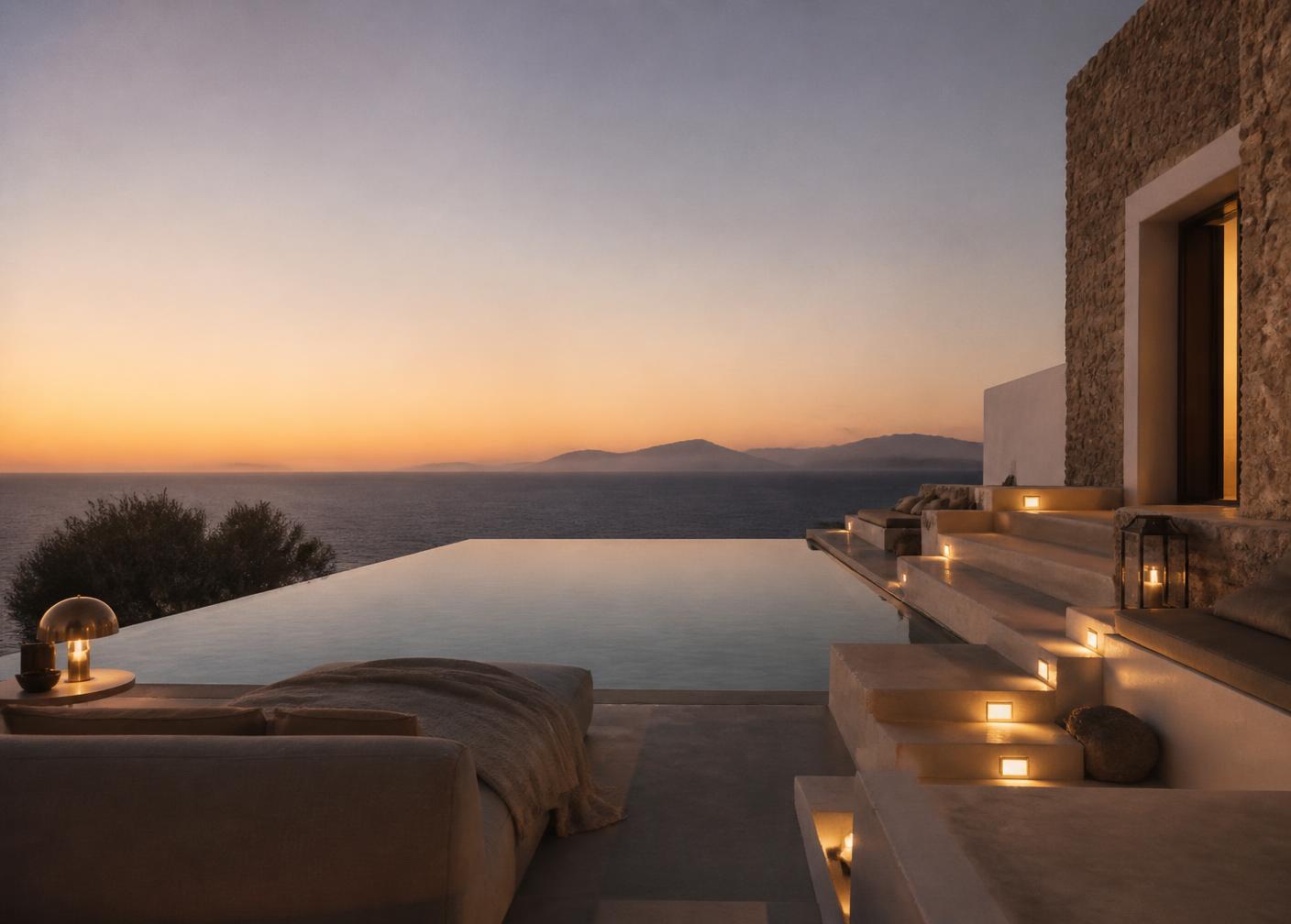 A minimalist Mykonos villa terrace with an infinity pool facing the sea